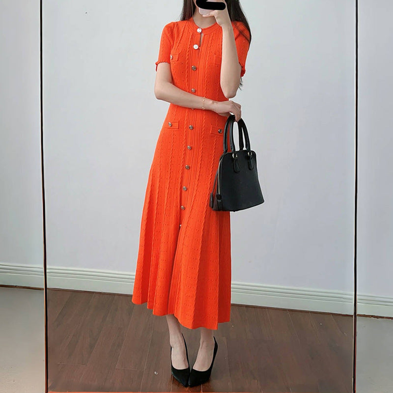 Sandro Elegant Button-Front Midi Dress in Ribbed Eyelet Knit