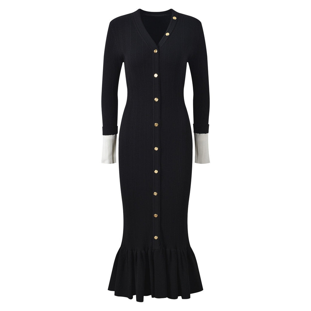 Sandro Elegant V-Neck Mermaid Knit Dress with Button Detail