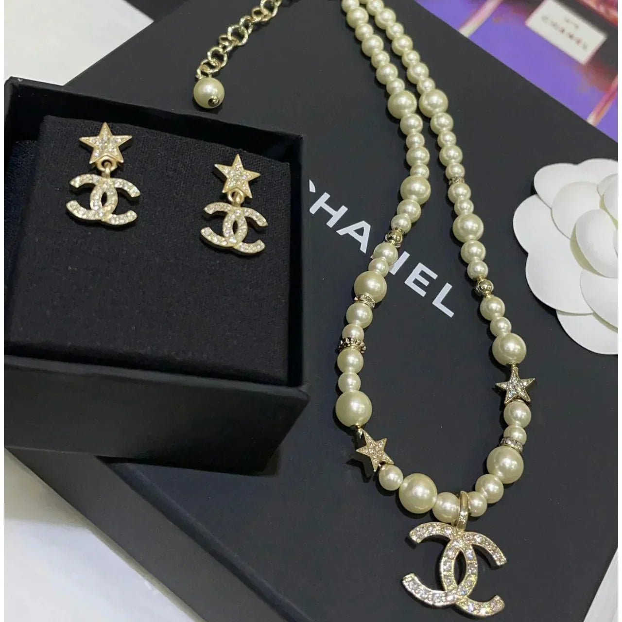 Chanel Pearl Star Necklace Earrings