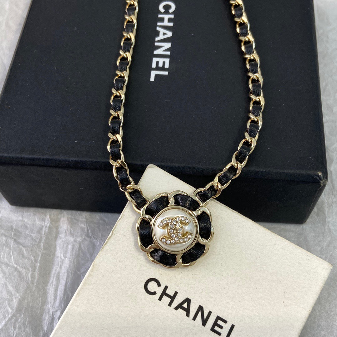 Chanel Black Leather Button Necklace Earrings